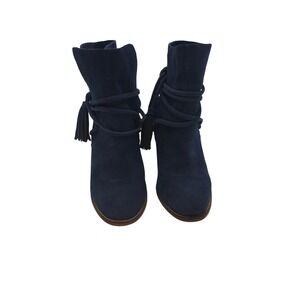 ALDO Navy Suede Tassel Ankle Boots 10 Block Heel Western Boho Wrap Strap Booties